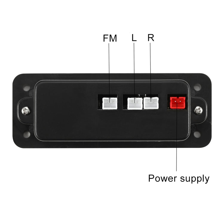 Black decoder board rear ports labeled FM, L, R, plus power supply and connectors