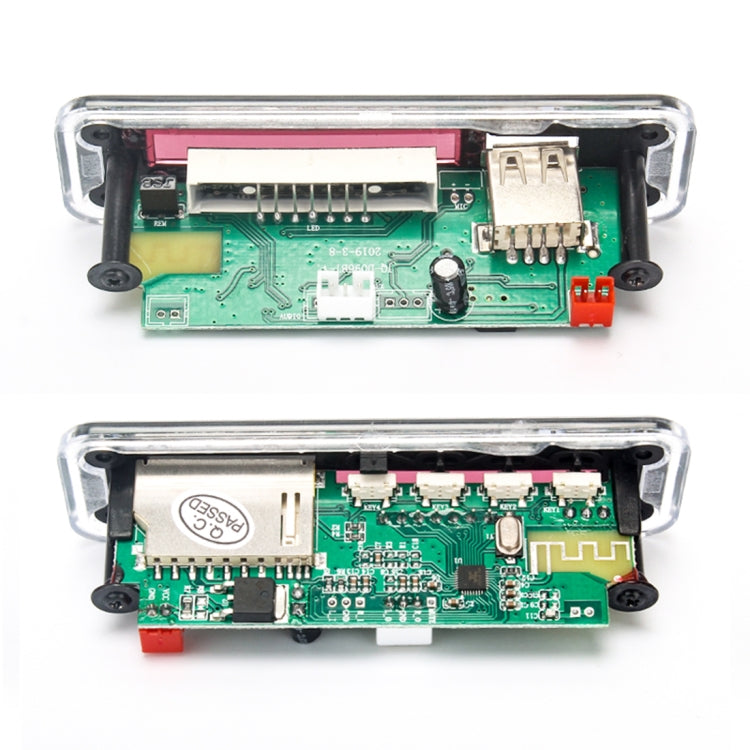 Car audio MP3 player decoder board, exposed connectors and green PCB inside casing