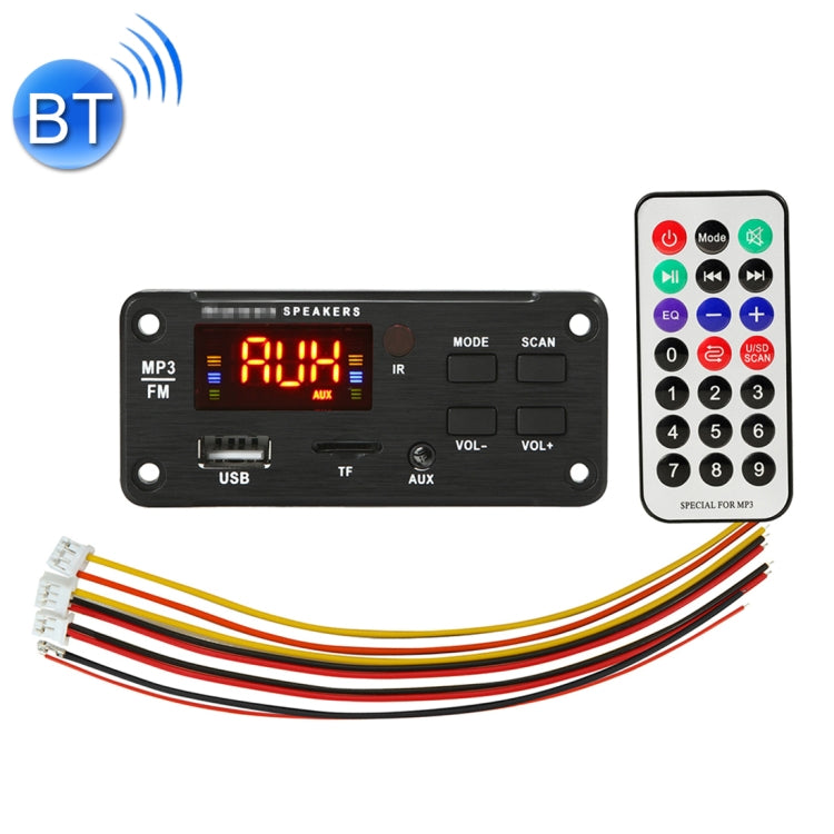 Car audio MP3/FM decoder board with display, ports, and remote control