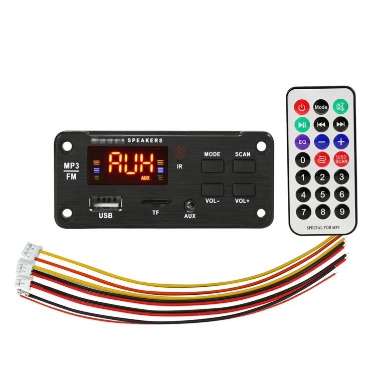 Car audio MP3/FM decoder board, display and wired connectors, with remote