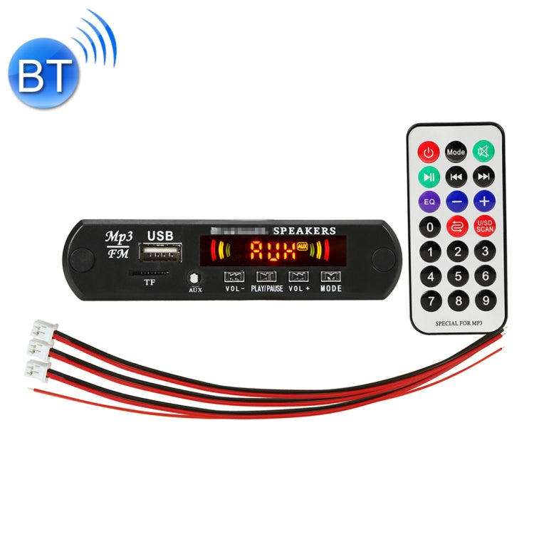 Car audio MP3 decoder board with Bluetooth icon, amber display, USB/TF inputs, and remote control