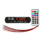 Car audio MP3 decoder board with amber display, USB/TF inputs, and infrared remote control