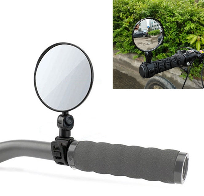 Bicycle rearview convex mirror with black adjustable clamp on handlebar grips.