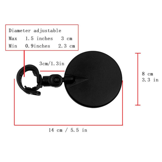 Bicycle convex rearview mirror with adjustable clamp bracket and round mirror head.