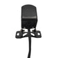 Black rear view backup camera with mounting clips and long cable, front view