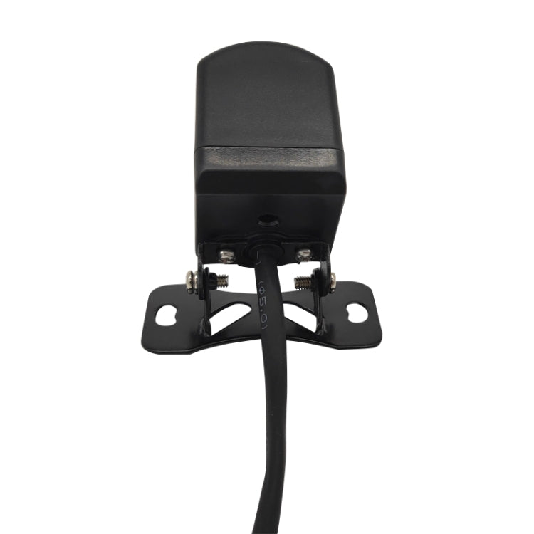 Black rear view backup camera with mounting clips and long cable, front view