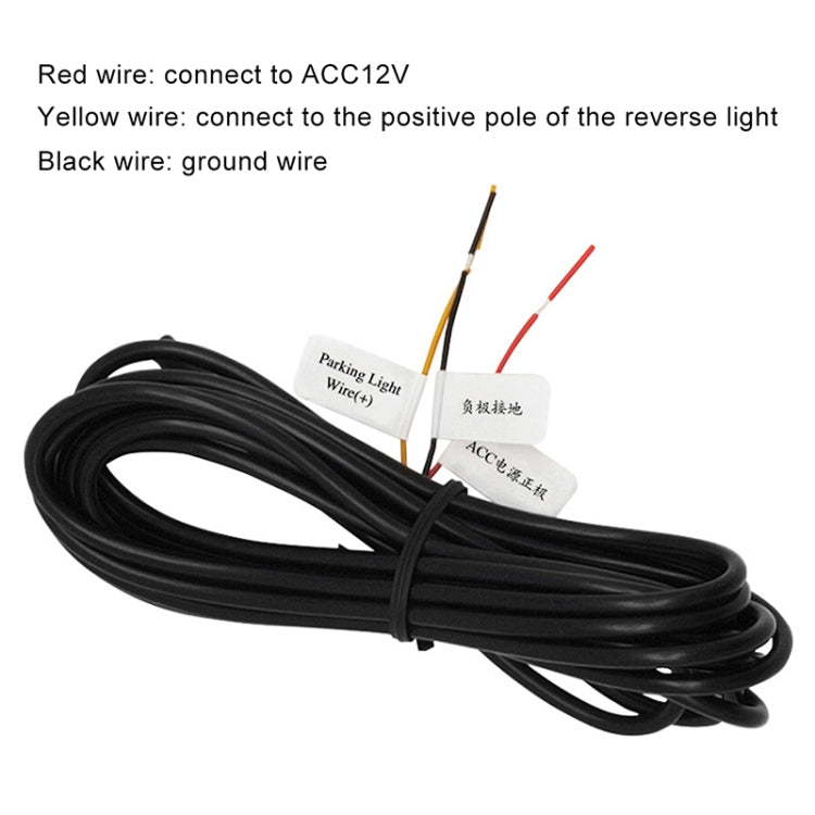Rear view camera wiring harness with color-coded leads and connector tips