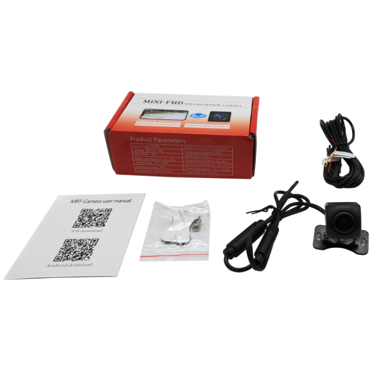 Rear view backup camera kit with box, paperwork, and cables