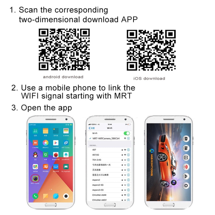 WiFi rear view camera setup shown on mobile phone app screens