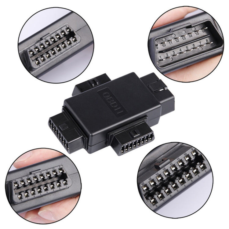 OBD2 16-pin diagnostic splitter adapter with multiple connector ports and face pins