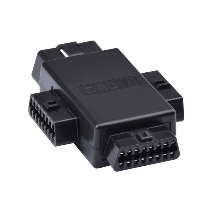 Black OBD2 16-pin splitter adapter with stacked connector blocks and pins