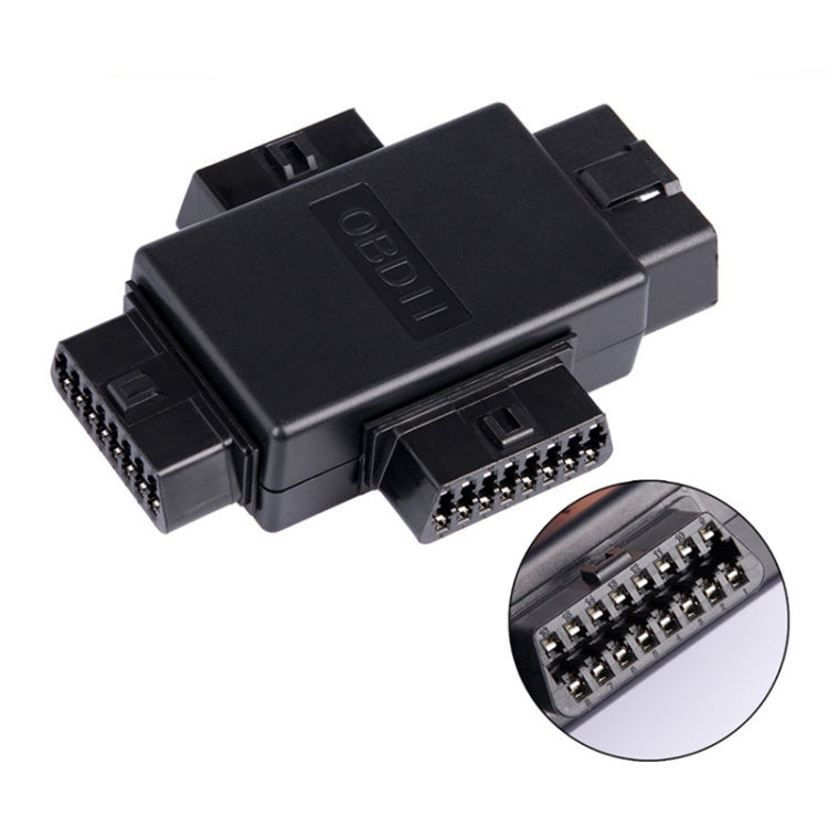 Compact OBD2 16-pin splitter with detailed connector pin layout on both sides