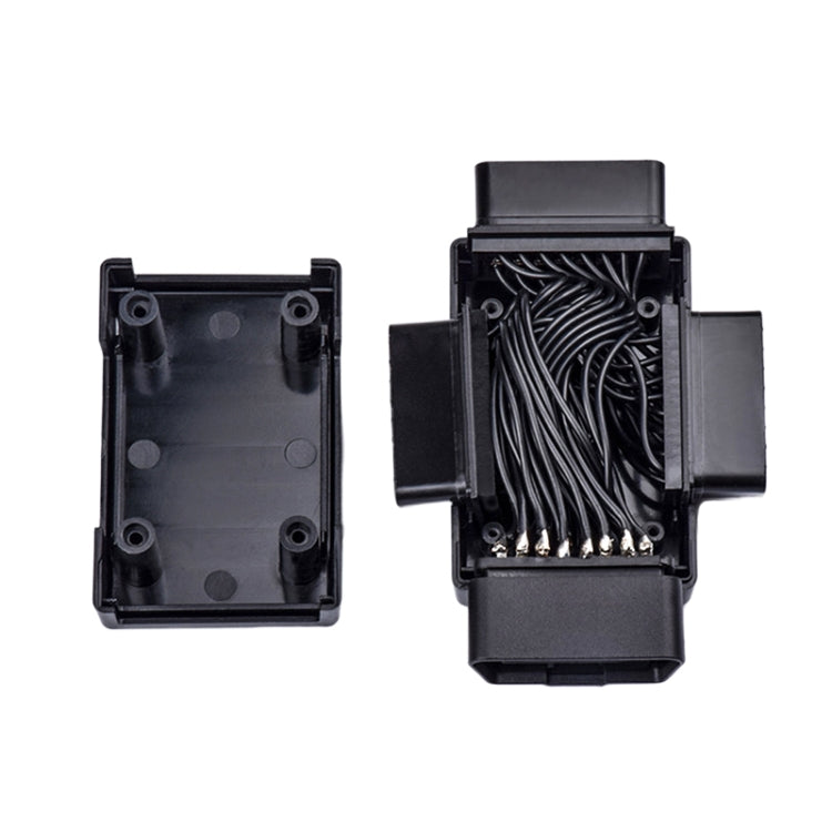 OBD2 16-pin splitter with open housing and visible internal wiring connections