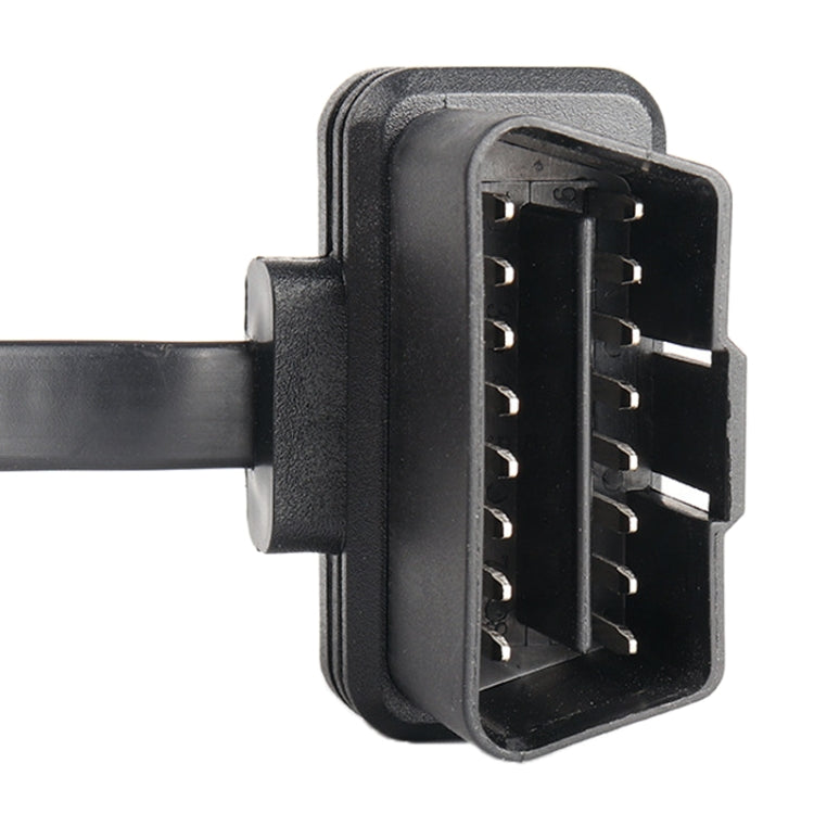 16-pin OBD connector plug end with exposed pin rows on black housing