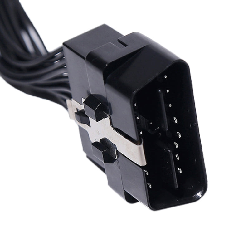 Black OBD2 16-pin connector end with multiple terminals on extended diagnostic cable