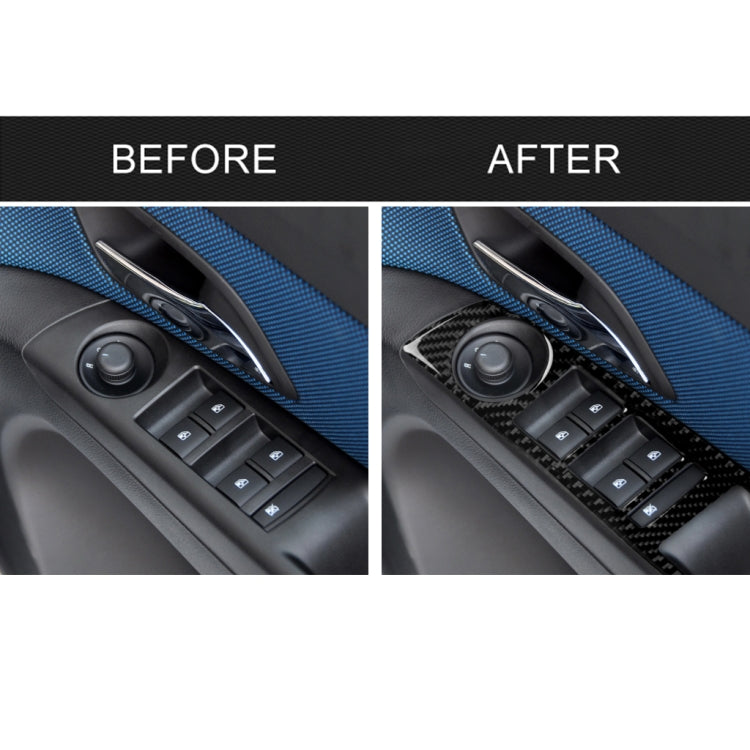 Carbon fiber-look window switch panel trim sticker installed on car door