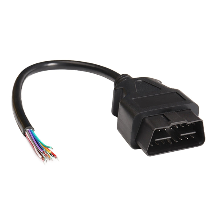 16-pin OBD2 extension cable, black molded male connector with visible multi-color wire leads
