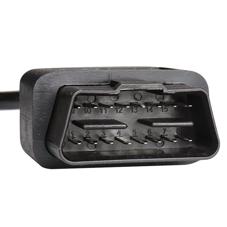 OBD2 16-pin connector socket with numbered contacts inside black plastic housing