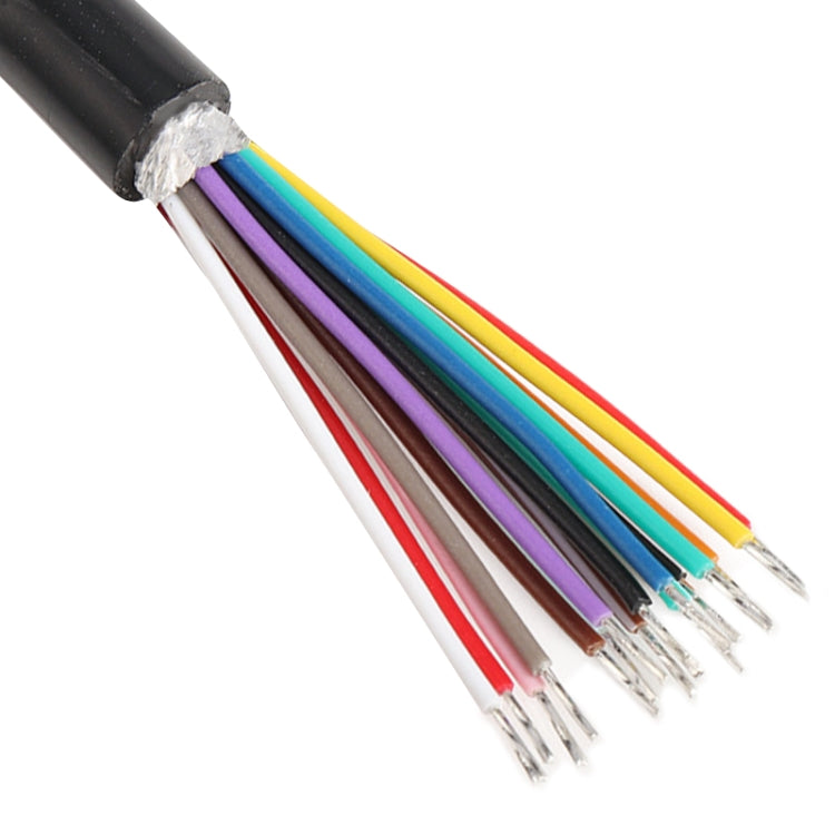 OBD2 extension cable stripped wires: red, white, purple, blue, green, yellow, bare tips visible