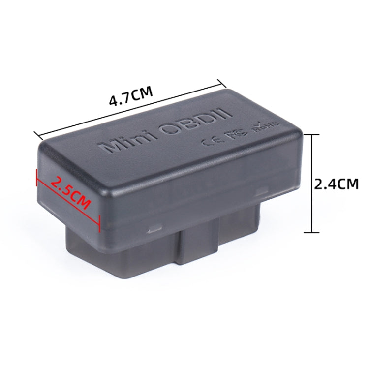 Mini OBDII diagnostic Bluetooth scanner with 4.7cm by 2.4cm size markings