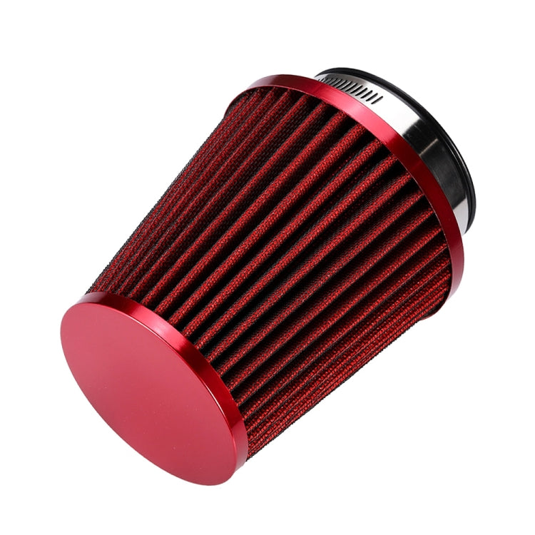 Red performance air filter cone with fine black pleated element and metal end cap
