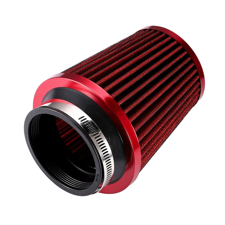 Red air filter cone with black pleated element and threaded metal inlet opening