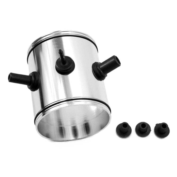 Metal air filter housing with black rubber grommets and short tubing connectors