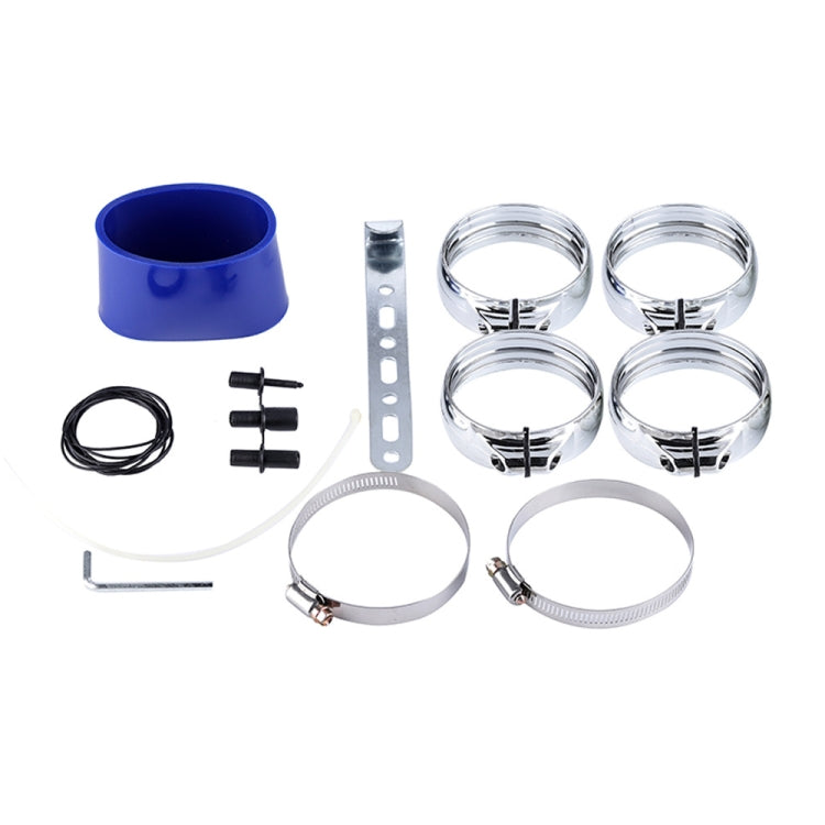 Air intake hose kit hardware with blue coupler, clamps, stainless rings, and brackets