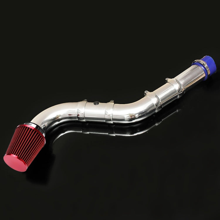 Curved chrome air intake hose with red cone filter and blue accent band at outlet