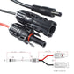Solar power cable ends with MC4 connector and DC barrel plug, marked + and -