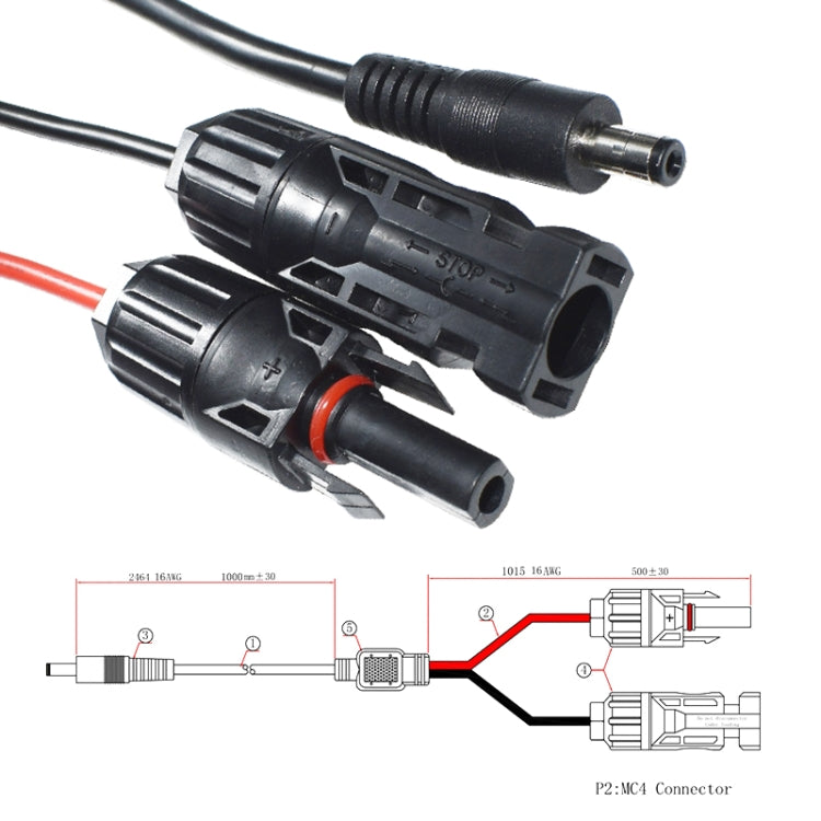 Solar power cable ends with MC4 connector and DC barrel plug, marked + and -
