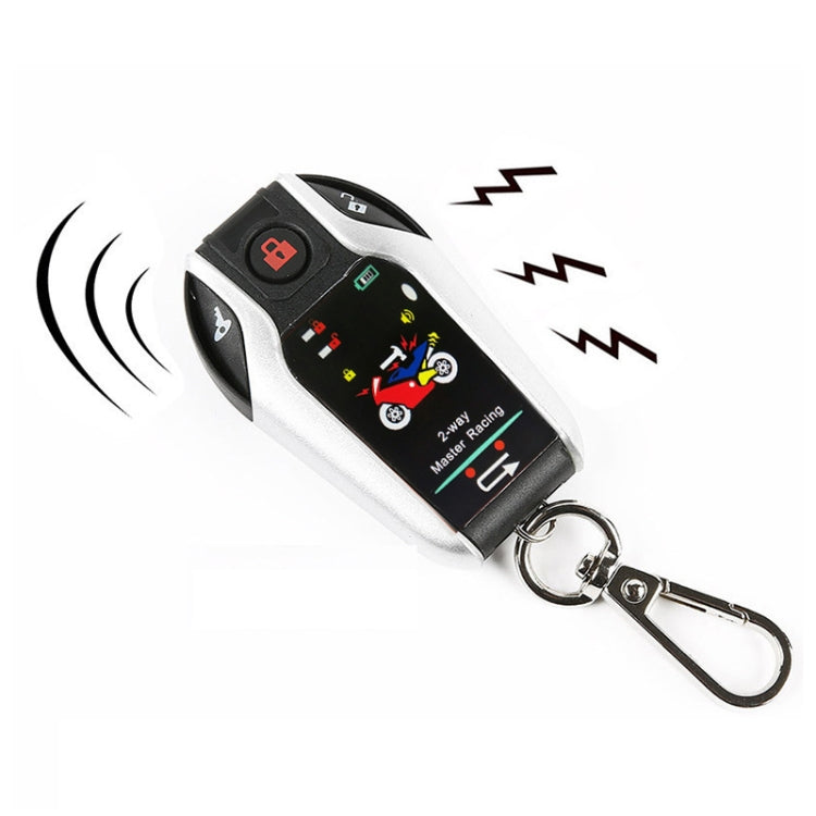 Motorcycle alarm remote key fob, white and black, action buttons and car icon, keyring