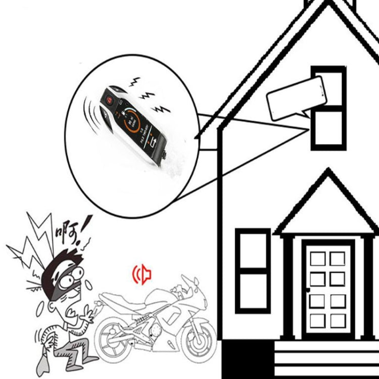Motorcycle alarm key fob remote with buttons, shown with alarm icons