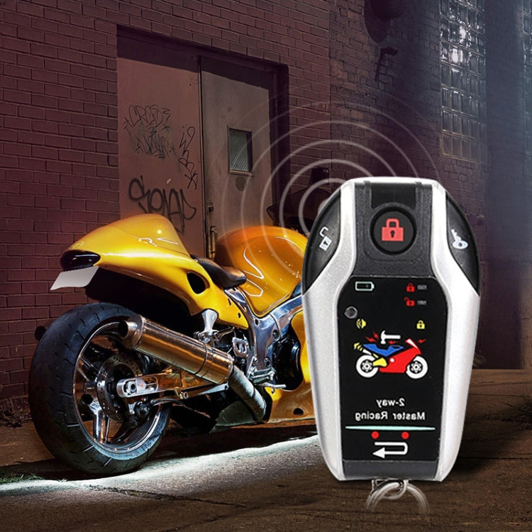 Motorcycle alarm remote key fob, white-and-gray with red lock icon and status lights