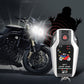 Motorcycle alarm remote key fob, white-and-gray with red lock button and LED indicators