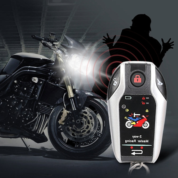 Motorcycle alarm remote key fob, white-and-gray with red lock button and LED indicators