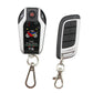 Motorcycle alarm remote key fob, front and back, white/black shell with keyring clips