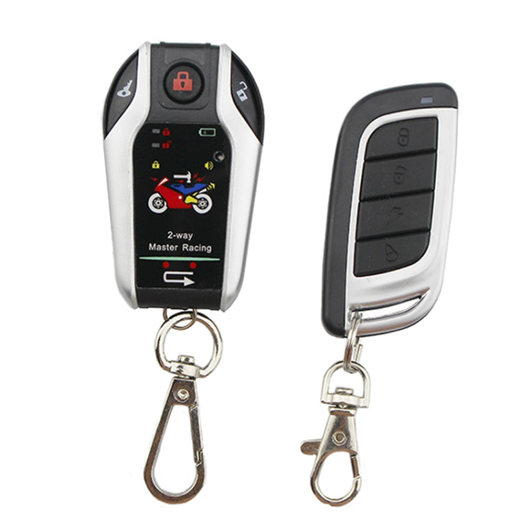 Motorcycle alarm remote key fob, front and back, white/black shell with keyring clips