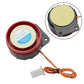 Motorcycle alarm siren/ECU module, red and black casing with beige top and orange wiring