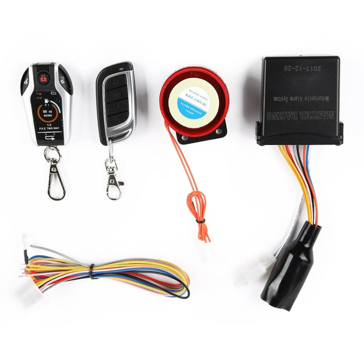 Motorcycle alarm system parts: two key fobs, round sensor, wire harness, and ECU box