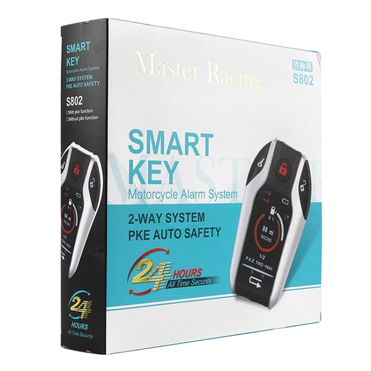 Smart key motorcycle alarm system box packaging with illustrated two-way remote fobs