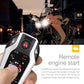 Motorcycle alarm remote key fob in hand, silver/black case with lock button and icons