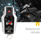 Motorcycle alarm remote key fob with keyring, silver/black case and control icons