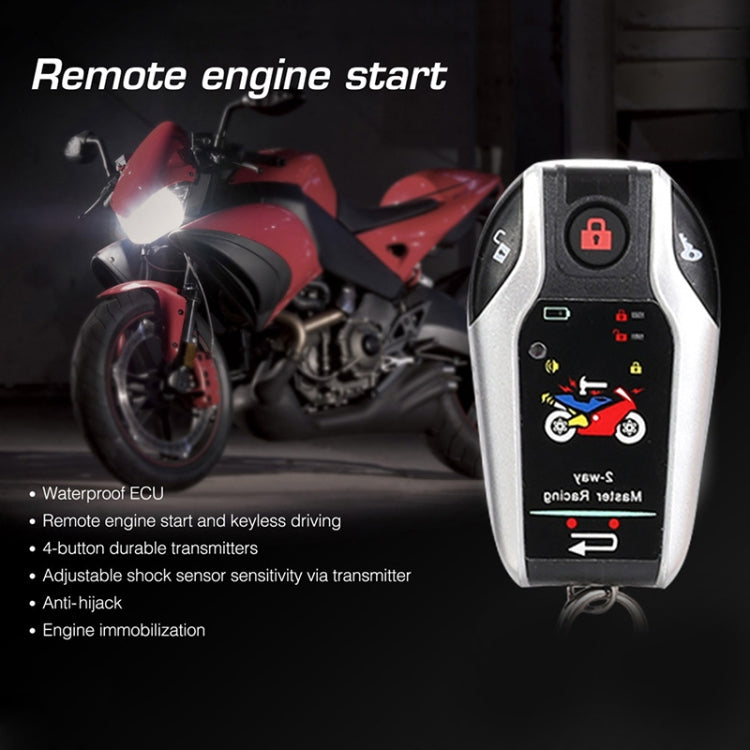 Motorcycle alarm remote key fob with keyring, black and silver with lock and start icons