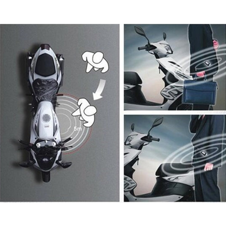 Motorcycle alarm system remote range diagram with scooter and signal arcs