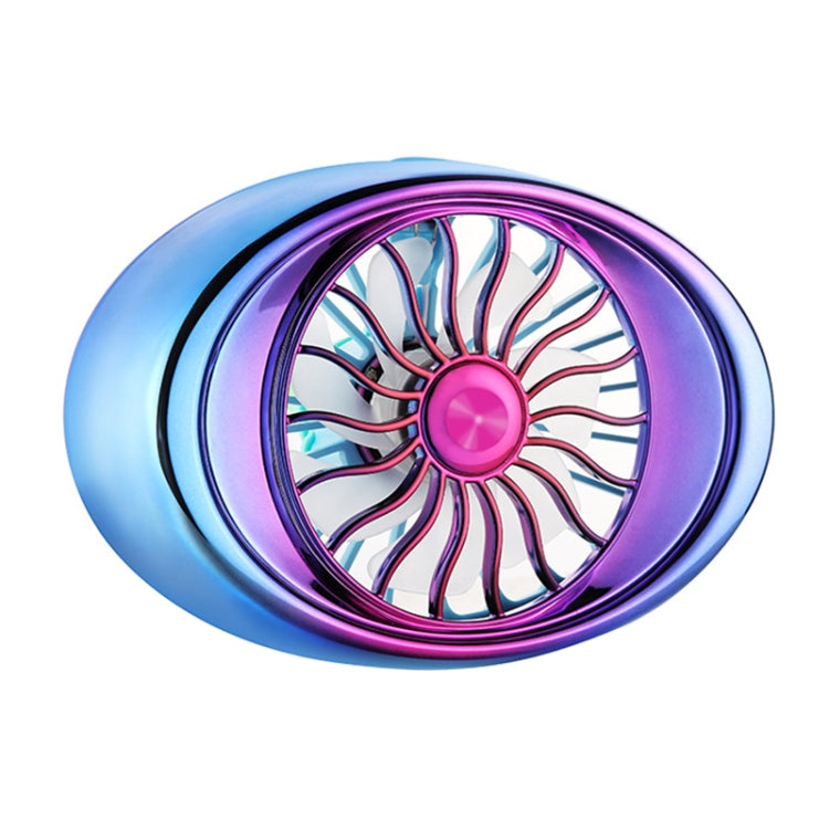 Portable car vent fan, blue outer ring with purple LED-lit circular grille close-up