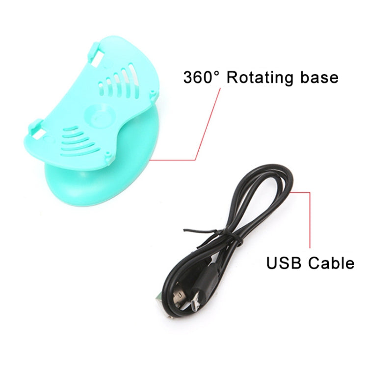 Portable car vent fan base with mint-blue body and attached USB power cable