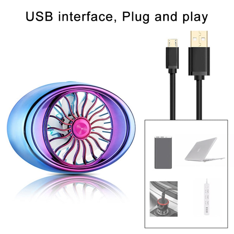 Portable car vent fan with USB plug and cable, blue-and-purple LED grille