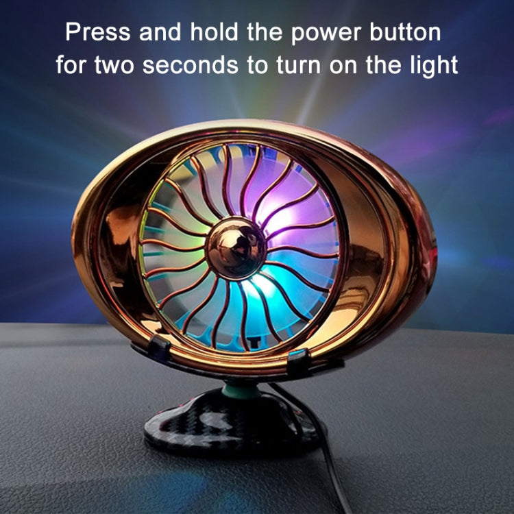 Portable car vent fan with gold housing and multicolor LED-lit fan grille on stand