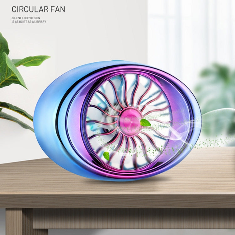Portable car vent fan with blue outer ring and purple LED-lit fan grille